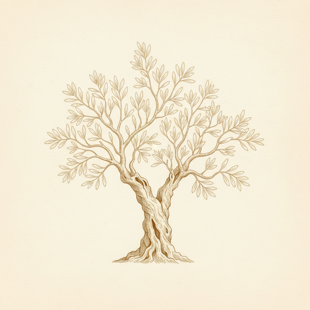 Botanical illustration of an ancient olive tree — a symbol of accumulated observation and patient inquiry